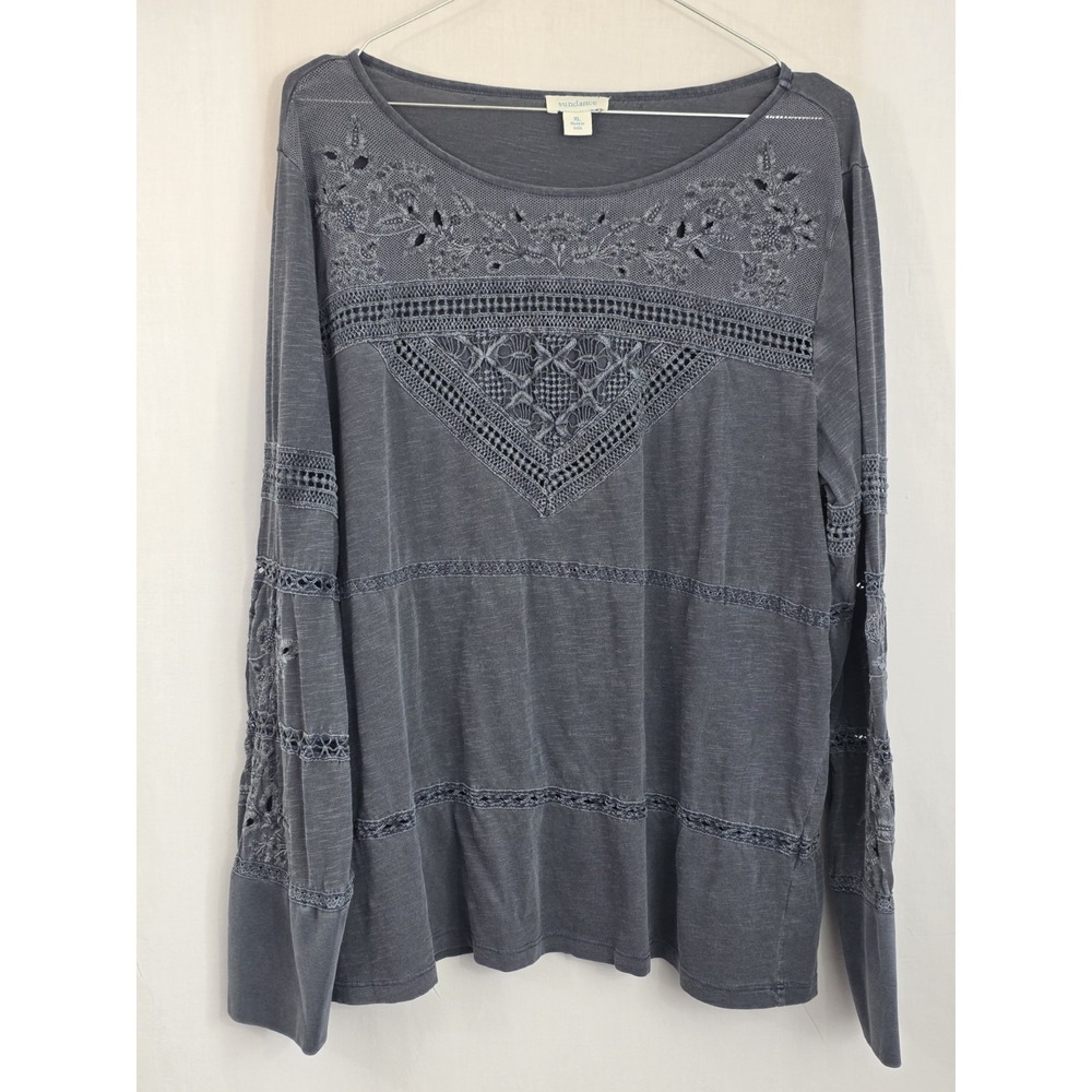 Sundance XL Slate Blue Embroidered Lace-Detail Long Sleeve Eden's Lace Top